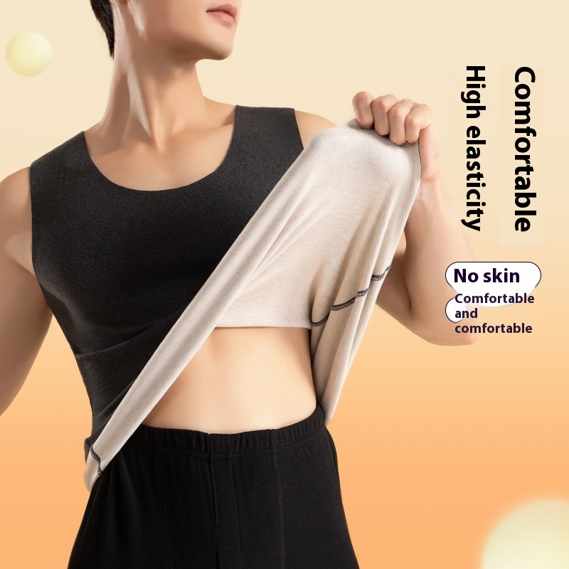 Cashmere Silk Velvet Warm Vest Men's Round Neck Plus Velvet Thickened Seamless Bottom Men's Self-heating Vest Large Size