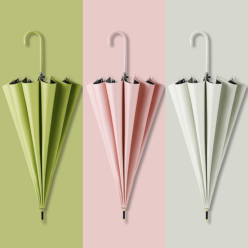 Simple Straight Umbrella For Sunny And Rainy Days,Small Fresh Leather Handle16 Bone Black Plastic Umbrella Ladies Parasol