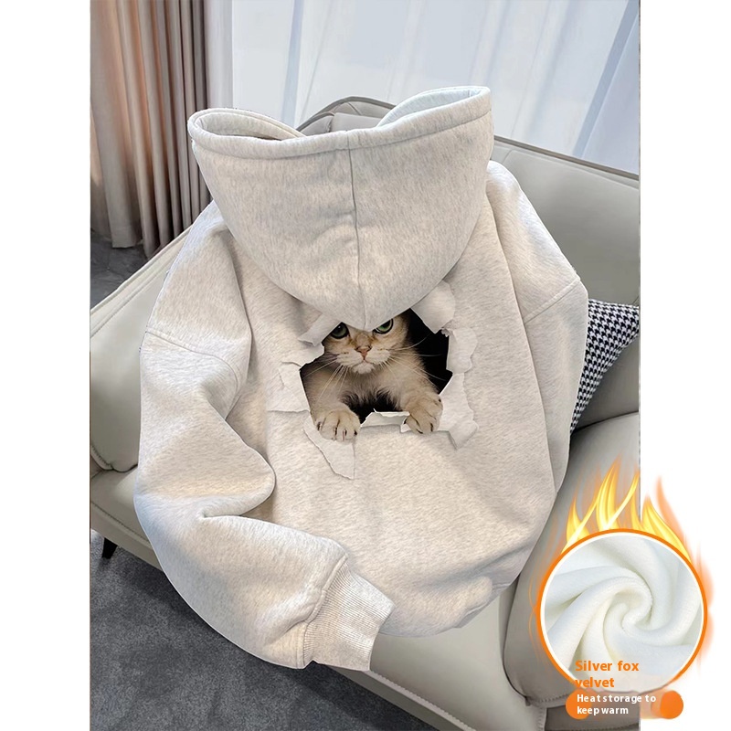 Sweet Cool White Gray Hooded Sweatshirt For Women Spring Autumn Winter Plus Velvet Thickened Loose Maillard Coat