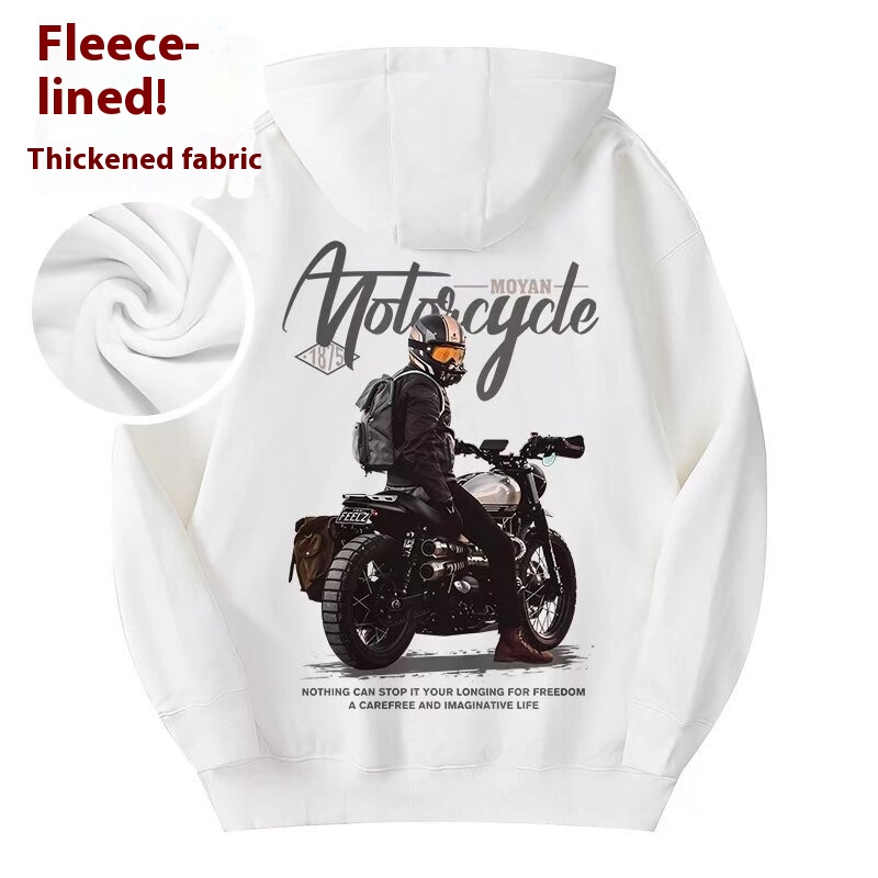 Motorcycle Printed Sweatshirt Men's Autumn And Winter Fleece-lined American Style High Street Autumn Top Hooded Jacket For Teenagers