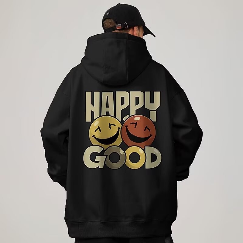 Smiley Plus Size Sweater Men's Autumn Fleece-lined Youth Loose American Style High Street Fashion Brand Jacket Hoodie
