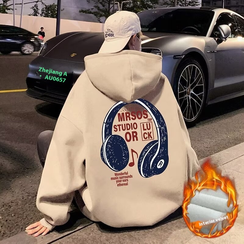 Men's Spring Loose Casual Hoodie American Style Street Fashion Brand Headphone Printed Fleece-lined Sweater