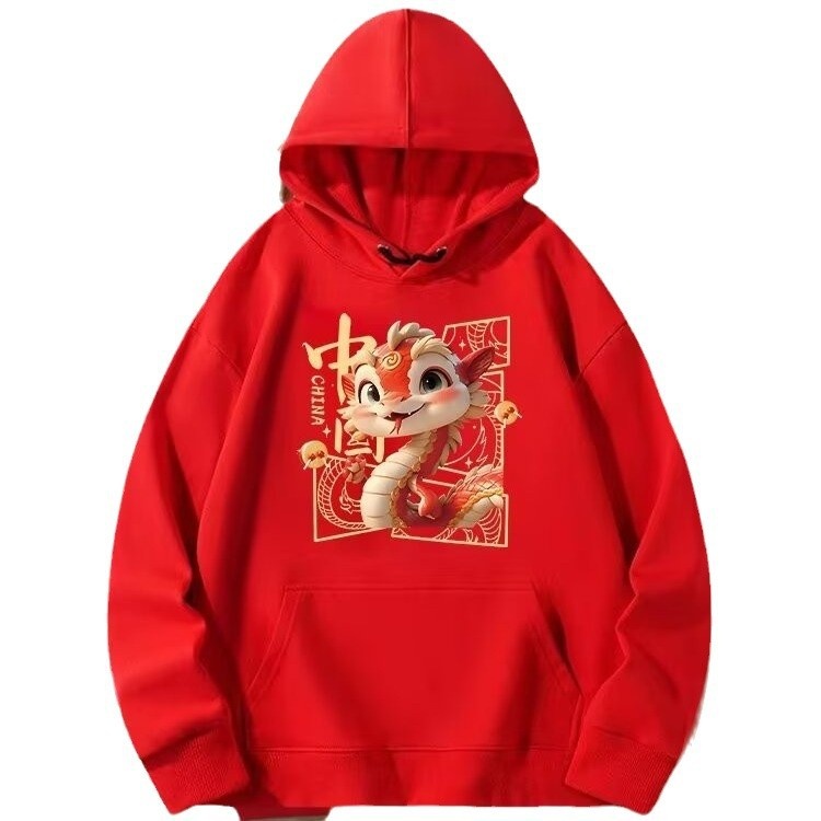 CNYSnake Year Red Round Neck Sweater Men's And Women's Tops Jacket National Year's Battle Suit