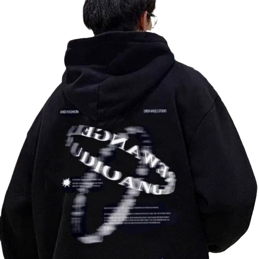 American Style Retro Hooded Fleece-lined Sweatshirt Men's Autumn Loose All-match Student Pullover English Top