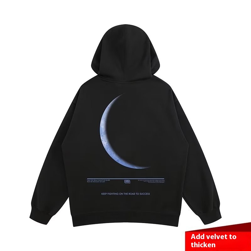 Recommended National Moon Hip-hop Casual Loose Hooded Sweatshirt For Men Plus Velvet Large Size Plus Fat Plus