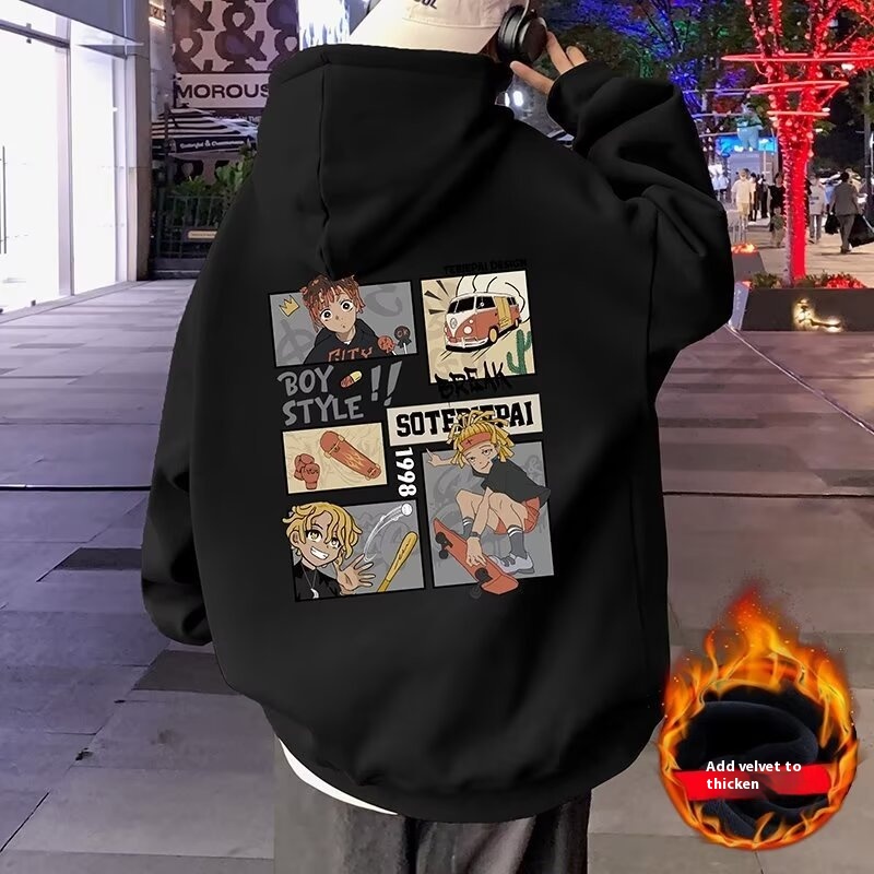 Hiphop潮牌高街加绒卫衣男春秋款重磅宽松美式连帽外套上衣服