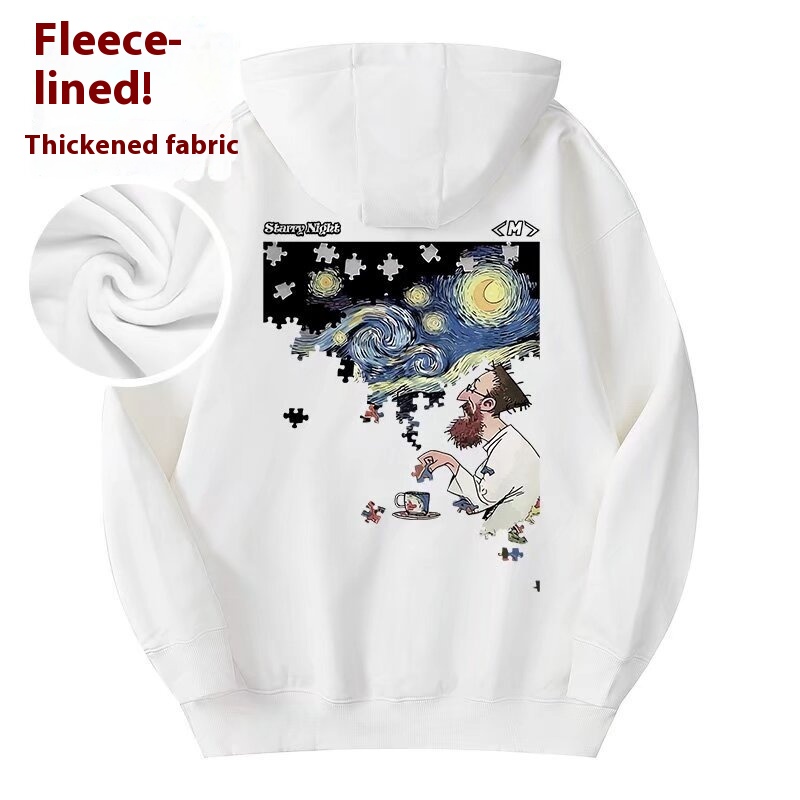 American-style Hip-hop Hooded Plus Size Sweatshirt Men's Fleece-lined Cartoon Print Casual Couple Loose Top Men