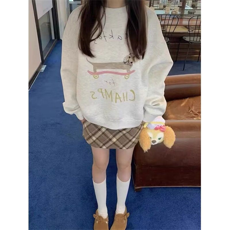 White And Gray Puppy Round Neck Sweatshirt For Women Autumn And Winter Plus Velvet Thickened Loose Version Lazy Style Hoodless Straight Shoulder Long Sleeve Top