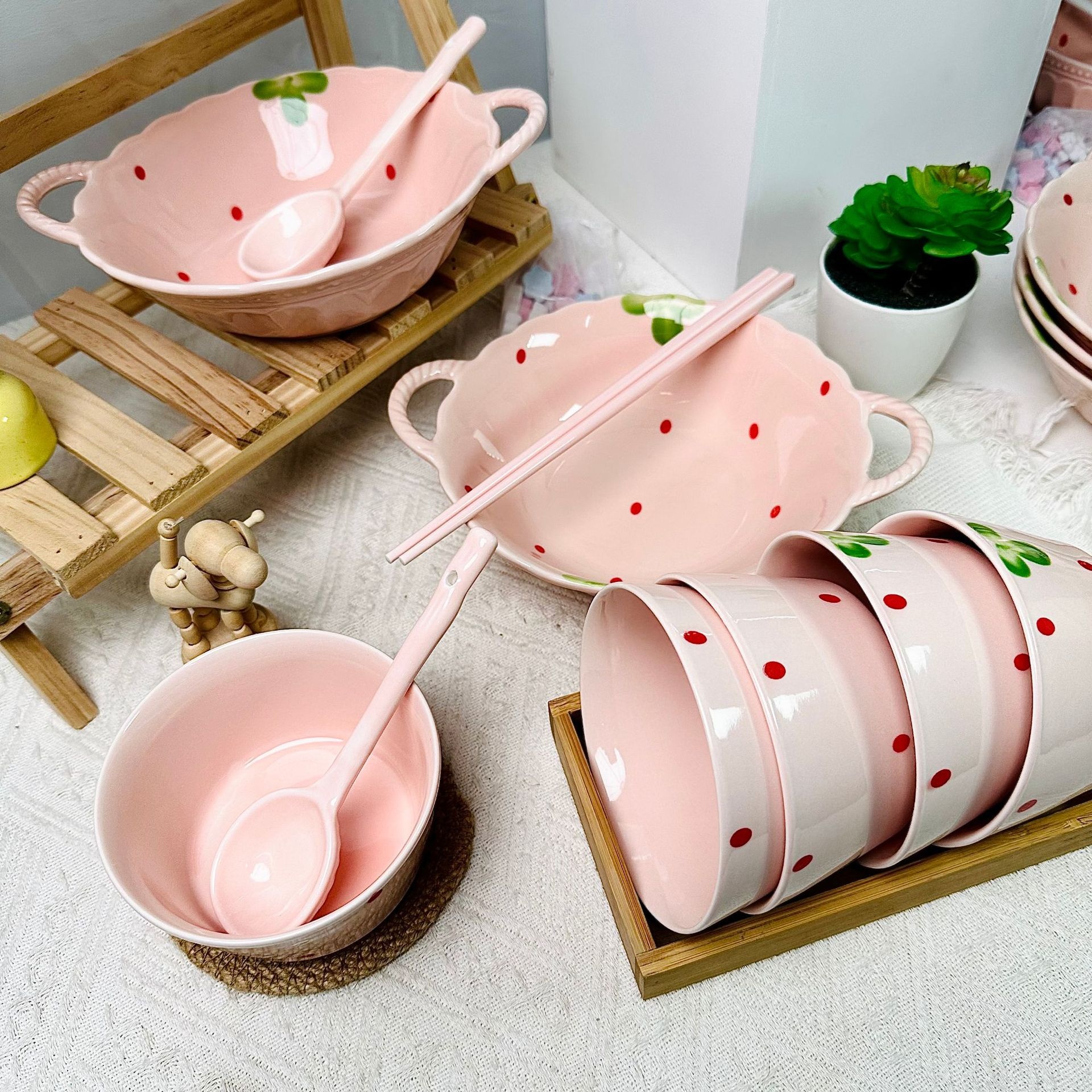 Household Cute Double-ear Soup Bowl Strawberry Girl Set Ceramic Soup Bowl Tableware Rice Bowl High-value One-person Food Set