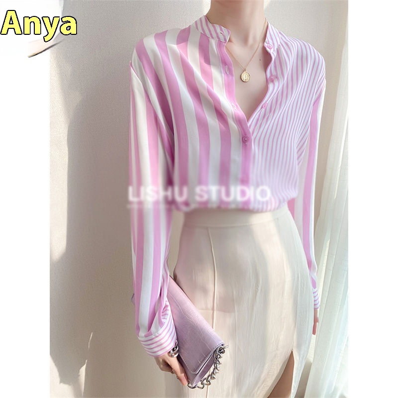 Classic Striped Shirt Women's Heavy Long Sleeve Stand Collar Imitation Silk Shirt Intellectual Top