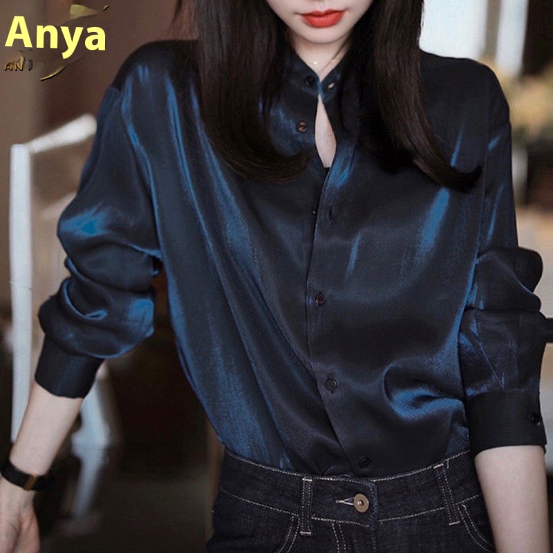 An Yan Japanese Light Luxury Gilded Blue Small Stand-up Collar Long-sleeved Shirt For Women All-match Design Niche Temperament Shirt Top