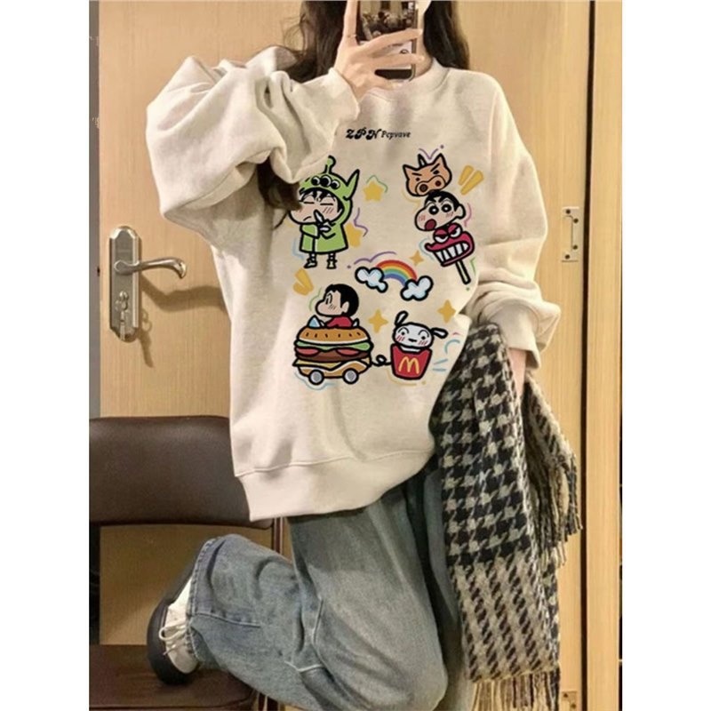 National Retro Crayon Shin-chan Round Neck Sweatshirt Women Autumn And Winter Loose Oversize Couple Hoodless Top