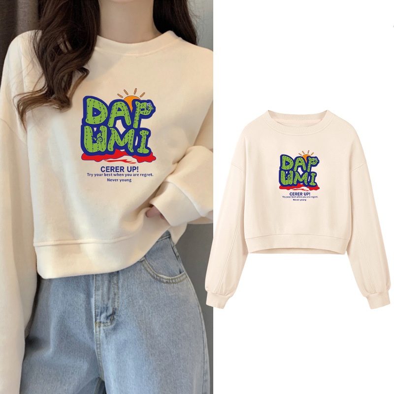 Autumn Short Long-sleeved Sweatshirt For Women Loose Plus Velvet Pullover Small Round Neck Thickened Top