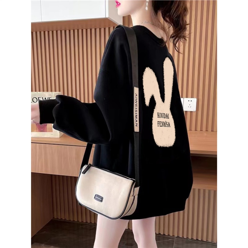 Black Round Neck Sweatshirt For Women Autumn And Winter Plus Velvet Thickened Casual Lazy Style200 Catties Loose Large Size Women's Coat