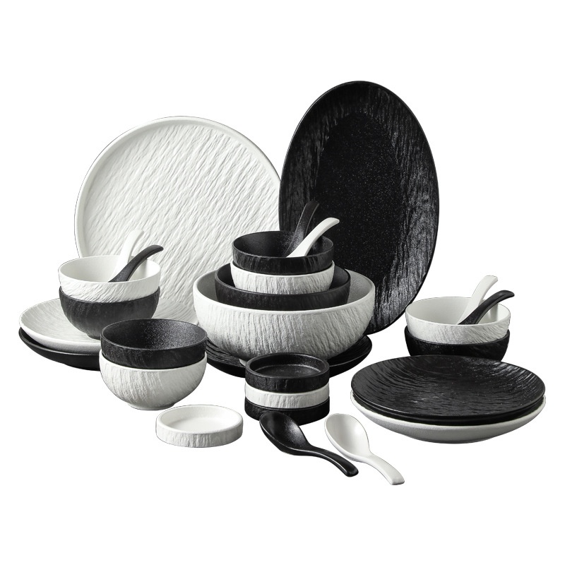 Dishes Set Household Rock Pattern Dinner Plate Black Simple4-6 Dishes Light Luxury Housewarming Gift Tableware Set