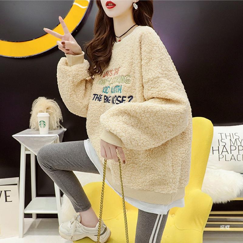 Plush And Thickened Lamb Wool Sweatshirt For Women Korean Style Loose Large Size Fake Two Piece