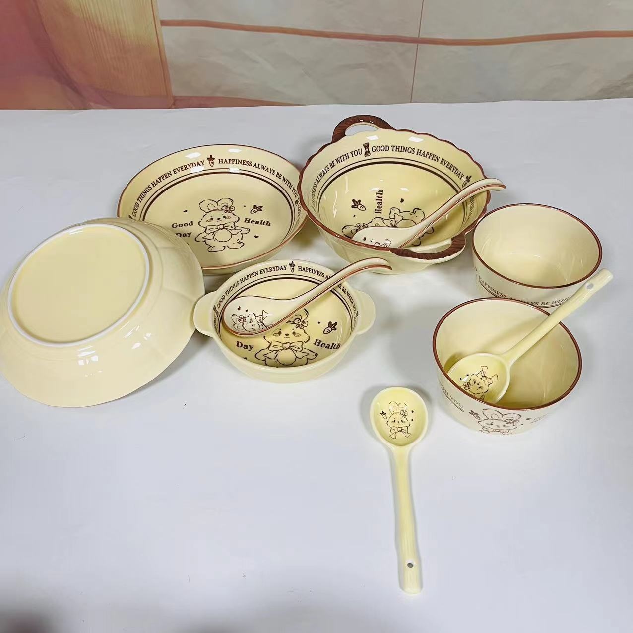 Ing Rabbit Household Rice Bowl High Value Double Ear Bowl Style Long Handle Spoon Cute High Temperature Underglaze Color Plate