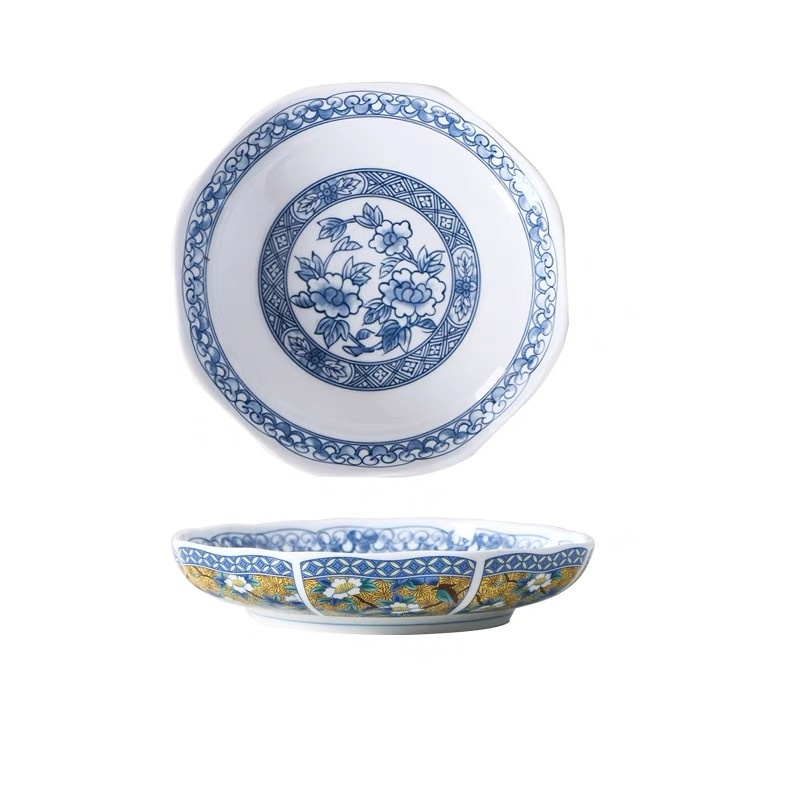 Yellow Flower And Bird Japanese Style Ceramic Ramen Bowl Salad Bowl Retro Palace Style Painted Octagonal Lotus Bowl Soup Bowl