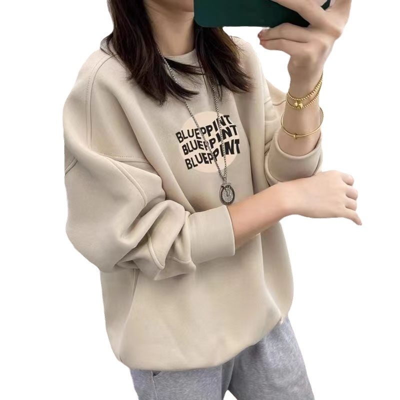 Cotton Round Neck Sweatshirt For Women In Spring With Plush And Thickened Loose Casual Pullover Lazy Style