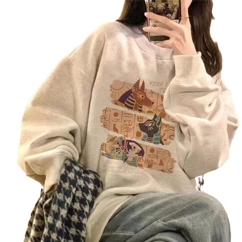 Round Neck Sweatshirt For Women,Small Size,Loose,Large Size,Niche Design,American Retro Gray Pullover Top