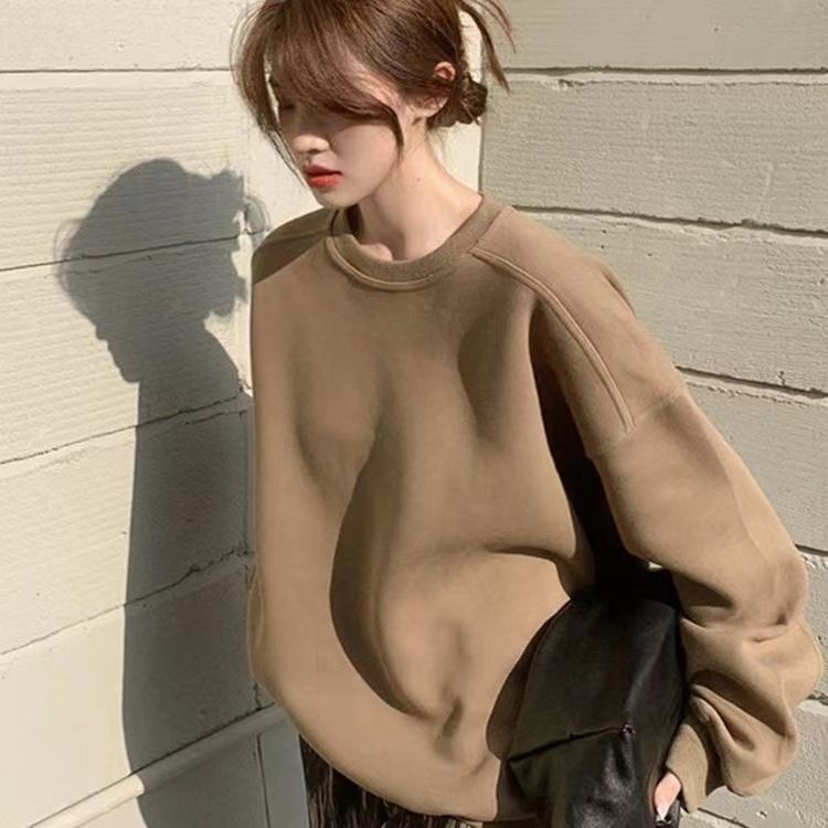 Round Neck Sweatshirt High-end Niche Loose Slim Large Size Solid Color Korean Lazy Style Plus Velvet Women's Sweatshirt