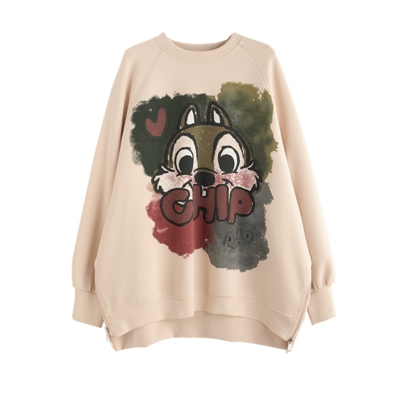 Small Slit Zipper Design Mid-length Sweatshirt For Women Large Size Stylish Letter Print Loose Flesh-covering Top