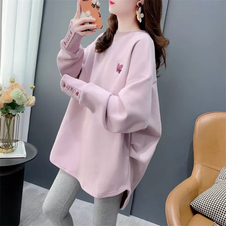 Plus Velvet Embroidered Round Neck Sweatshirt For Women,Medium And Long Style,Stylish And Age-reducing Design Top