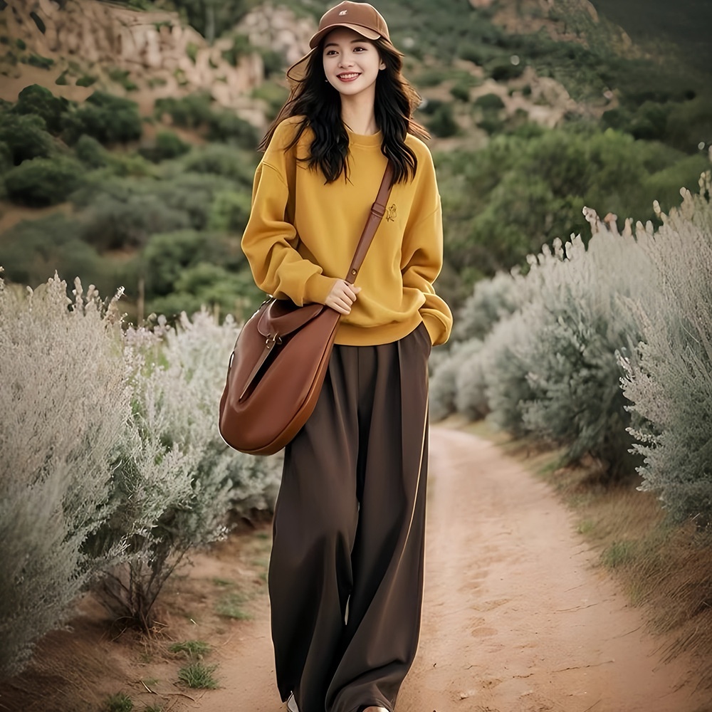 All-match Round Neck Ginger Yellow Sweater For Women,Fashionable And Stylish,No Hat,Small And Lazy Style