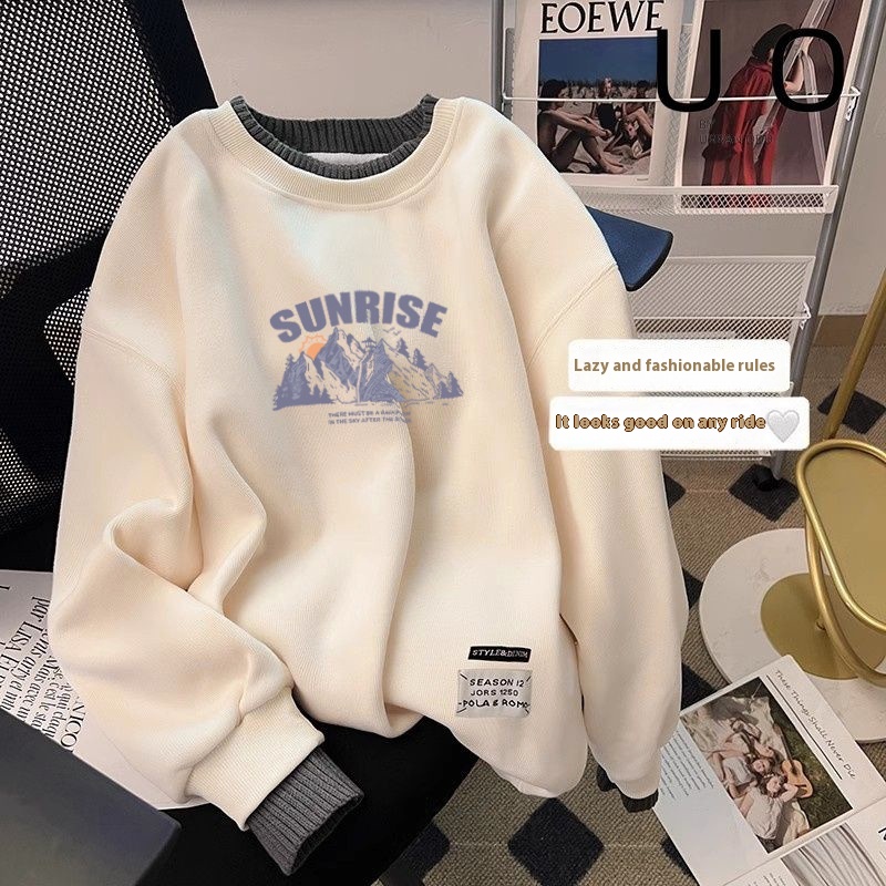 Round Neck Hoodless Sweatshirt For Women Autumn And Winter Loose Plus Velvet American Style Small Size Western Style Lazy Top