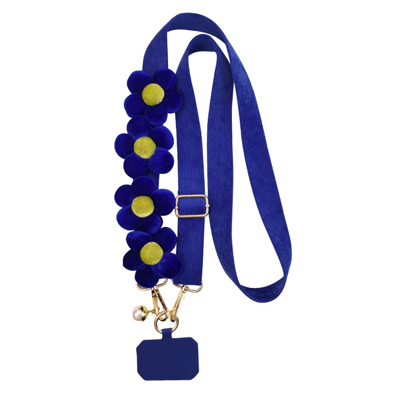 Mobile Phone Lanyard Cross-body Long Wide Corduroy Shoulder-carryable Plush Floral Plush Pattern Klein Blue Halterneck