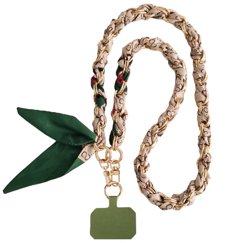 Diagonal Style Twisted Chain Silk Scarf Mobile Phone Lanyard Long Shoulder Strap Sling Bag Metal Chain