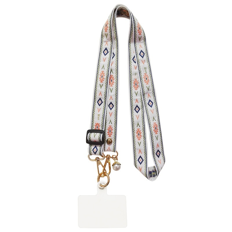 Mobile Phone Lanyard Long Cross-body Retro Diamond Totem Exquisite Pearl Pendant Hanging Adjustable Hanging Neck Wide Cloth Strap