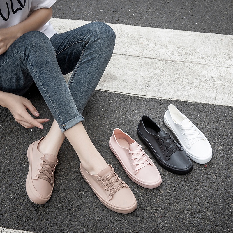 Pvc Simple Solid Color Women's Shallow Mouth Rain Boots Fashionable Four Seasons Shoelace Rain Boots Student Rain Boots Female