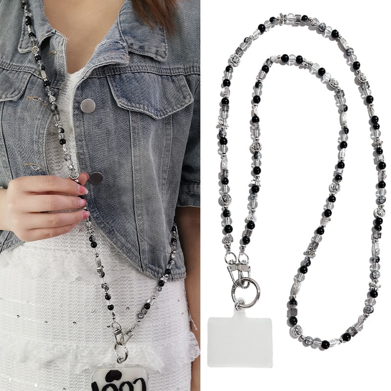 Mobile Phone Lanyard Long Cross-body Carryable Black And White Retro Pendant Beaded Flower Mobile Phone Case Bag Chain