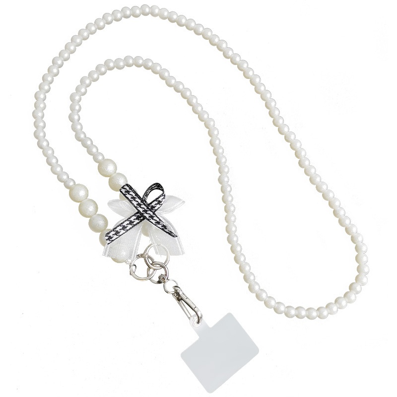 Long Mobile Phone Lanyard Can Be Worn Cross-body,Halter Neck Bow,Houndstooth Hanging Chain,Pearl Hand-beaded Pendant,Removable