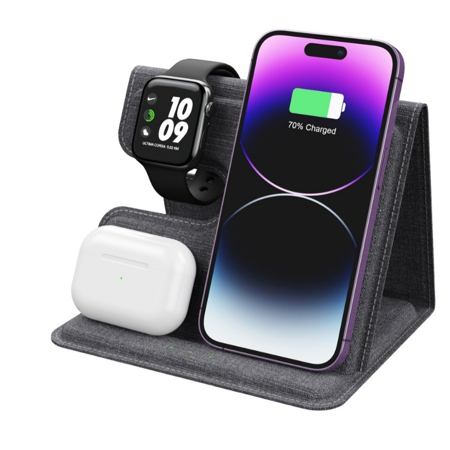 Three-in-one Wireless Charger Suitable For Apple Mobile Phone Earphone Watch Folding Leather Stand15 W