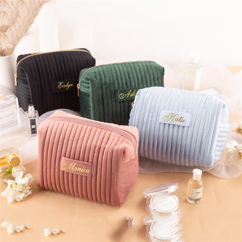 Plush Velvet Cosmetic Bag Embroidery Makeup Zipper Storage Bag Skin-friendly And Comfortable Pleated Cotton Wash Bag