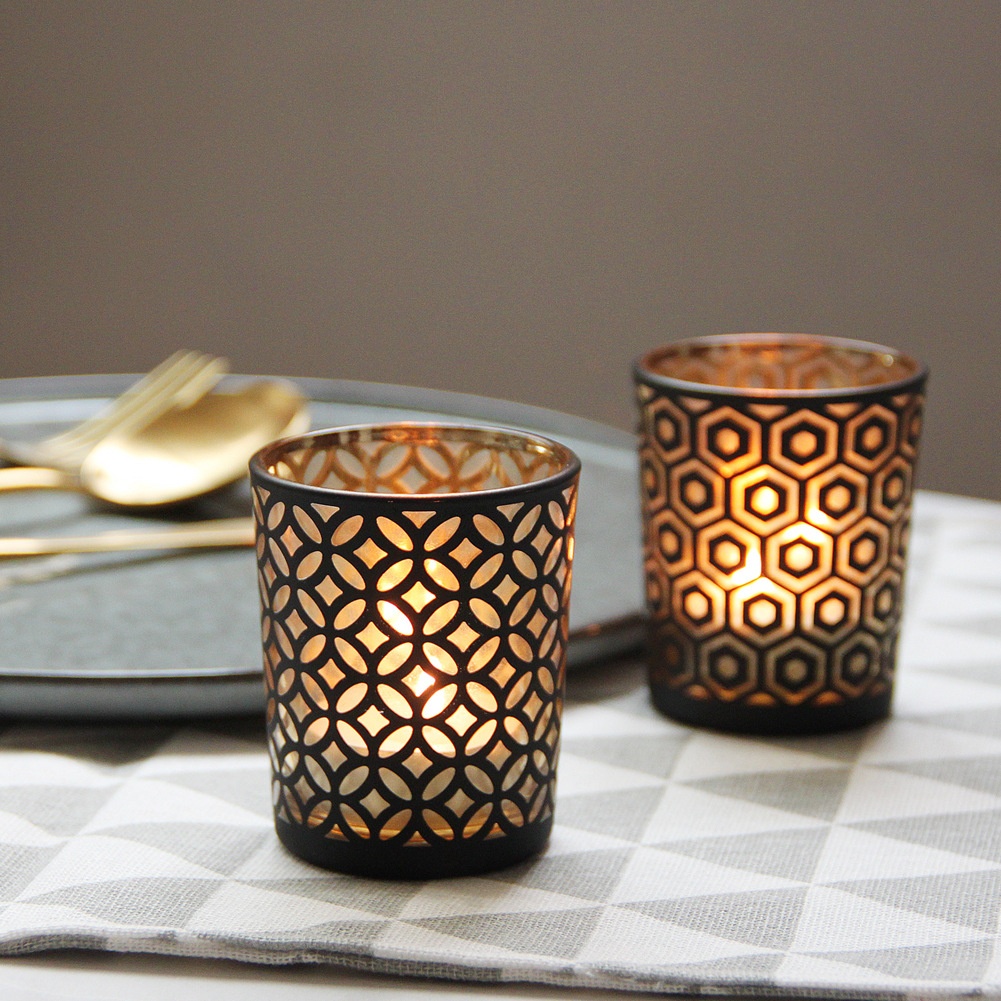 Simple Modern Black And Gold Geometric Pattern Glass Candle Holder DIYIncense Empty Cup Romantic Decoration Pattern