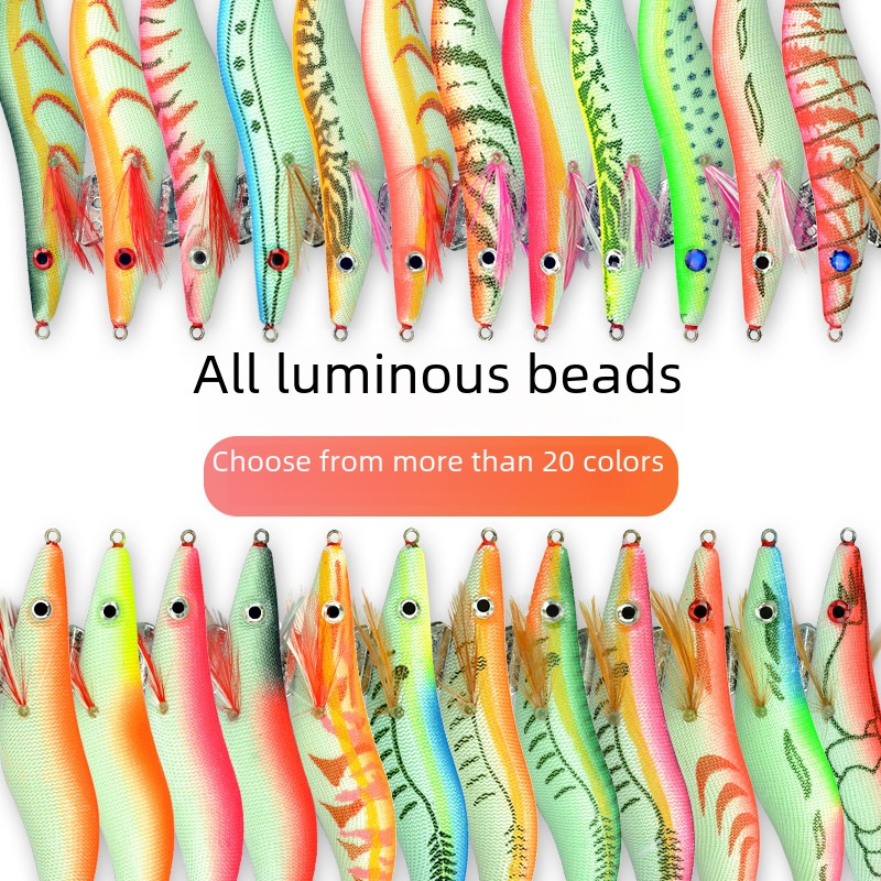 Wooden Shrimp Squid Hook Sea Fishing Lure Octopus Cuttlefish Fake Bait Lure3.0 Size Glow Beads Night Light Wooden Shrimp Hook