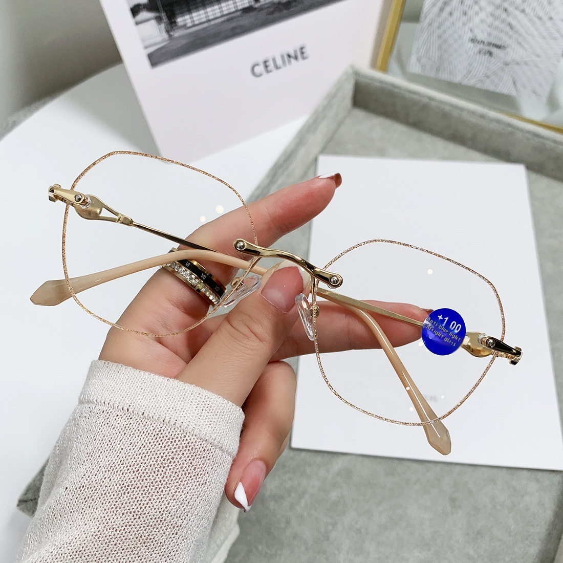 The As Douyin,Diamond-cut Frameless Reading Glasses,Blue Light-proof Polygonal Gold-rimmed Fine Flash Elderly Glasses With Degrees