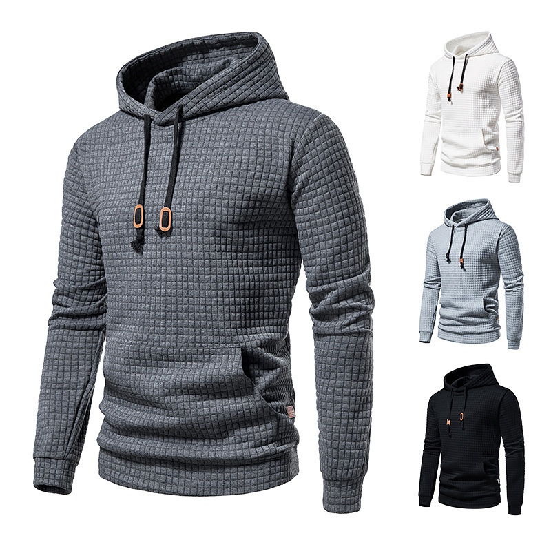 Foreign Trade European Size Men's Casual Pullover Jacquard Sweater Men's Plaid Quilted Cotton Fabric Hooded