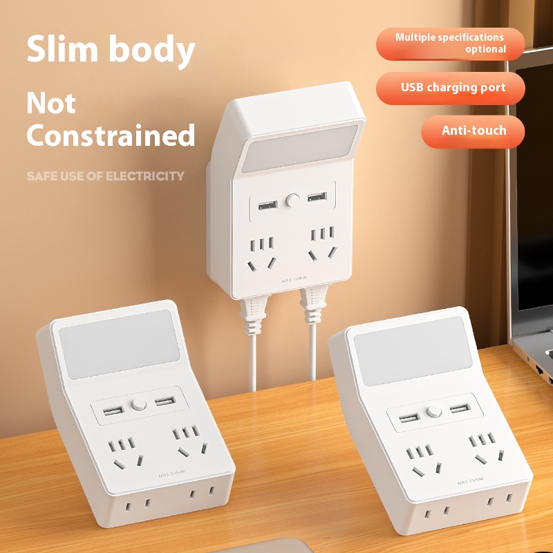 Household Wireless Night Light Socket Converter Dormitory Bedroom Bedside Lamp Three-color Eye Protection USBPorous Plug