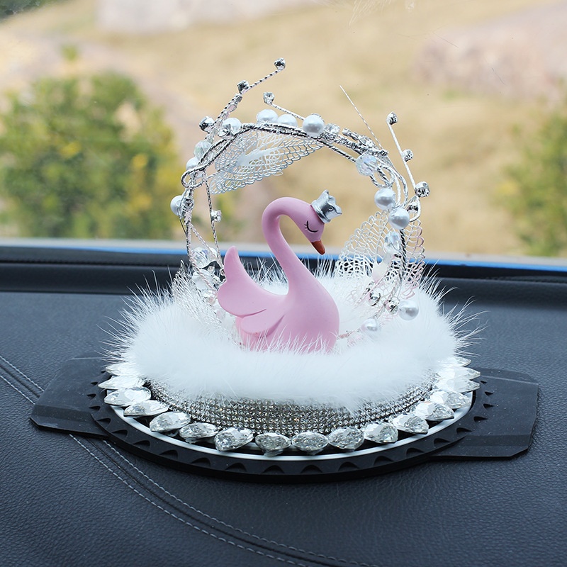 Car Ornaments Style Resin Swan Car Display Metal Flower Basket Rhinestone Creative Car Interior Decoration Feather