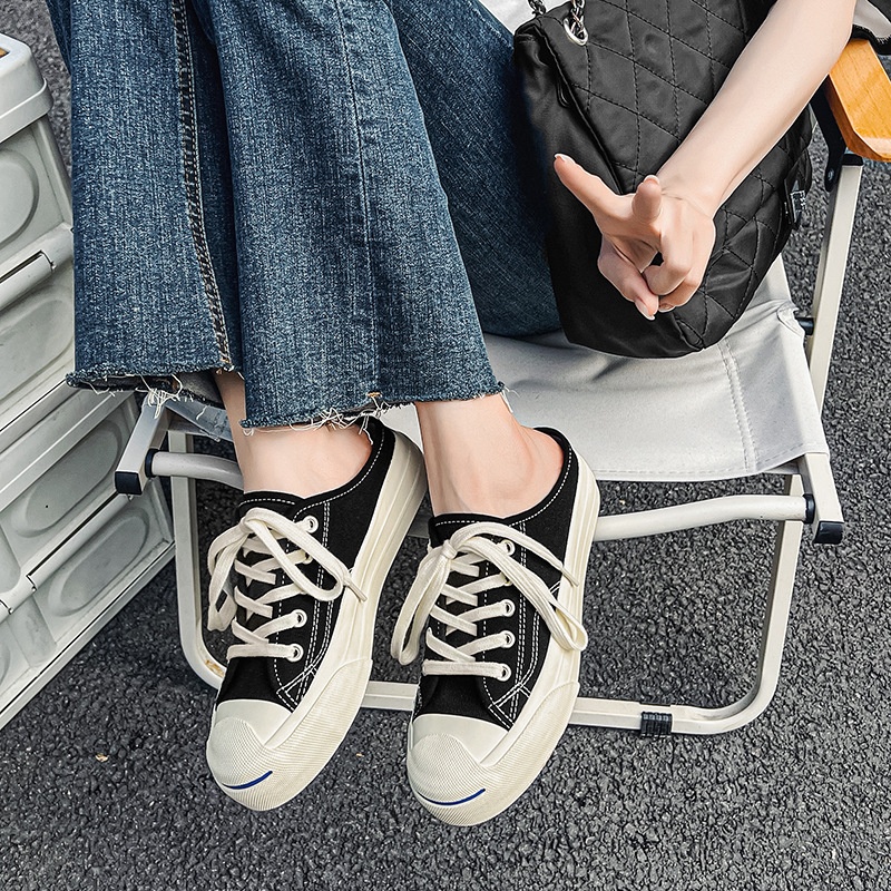 Summer Style Casual Versatile One-step Breathable White Shoes Thick Sole Two-wear Half-slip Canvas Shoes For Women