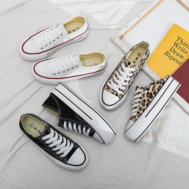 Summer Height-enhancing Half-slip Canvas Shoes For Female Students Lazy Two-wear White Shoes Korean Thick-soled Sneakers