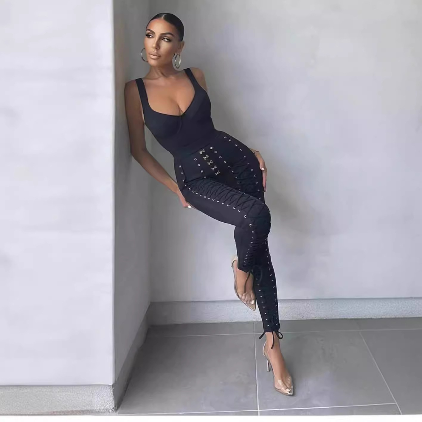 Bandage Jumpsuit European And American Sexy Lace-up Tight Jumpsuit Trousers