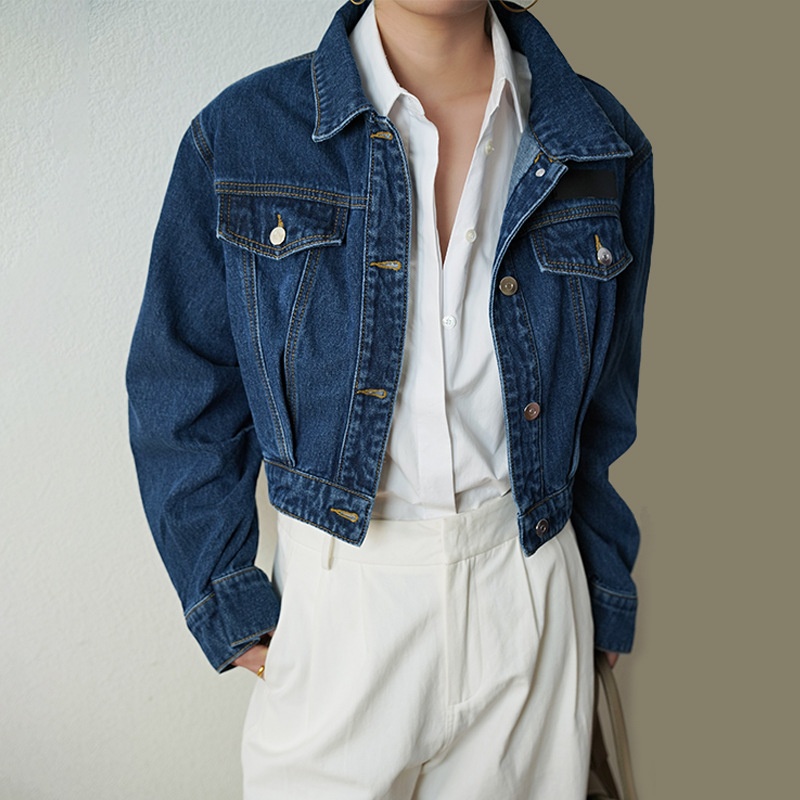 Design Sense Retro Casual Top Washed Blue Small Outline Short Denim Jacket Fashionable Loose Short Denim Jacket