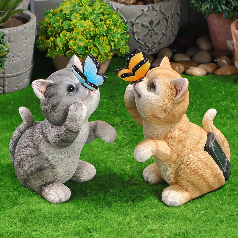 Outdoor Garden Courtyard Ornaments Solar Kitten Butterfly Rabbit Resin Crafts Garden Decorations