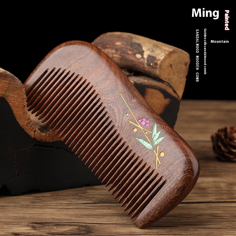 Hand-painted Comb Gold Silk Sandalwood Comb Massage Comb Home Portable Lettering Wooden Lacquer Art Comb Solid Wood