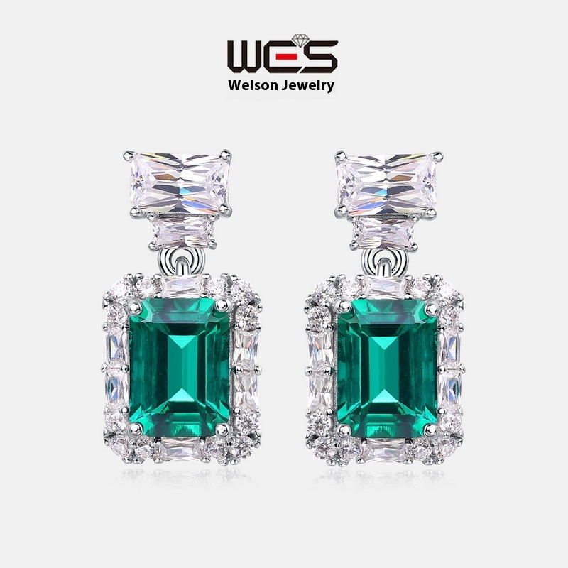 Brilliant Colored Gemstone Vintage Earrings S925 Silver Inlaid Cultivated Emerald Earrings Light Luxury All-match